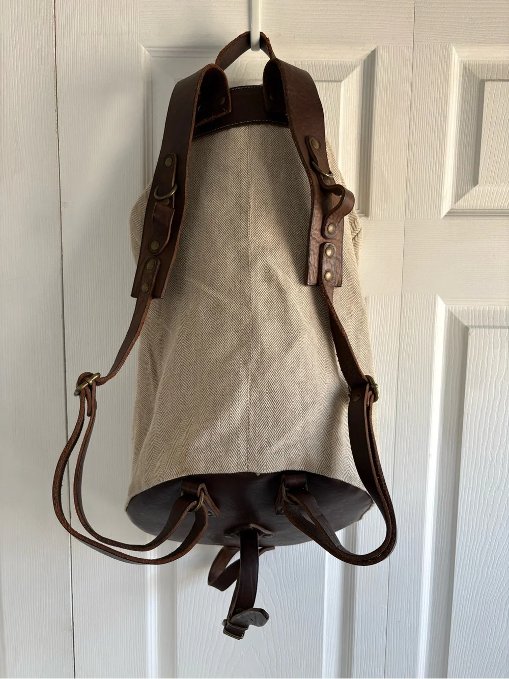 N.D.C Made By Hand Luxury Herringbone Canvas Leather Backpack Rucksack